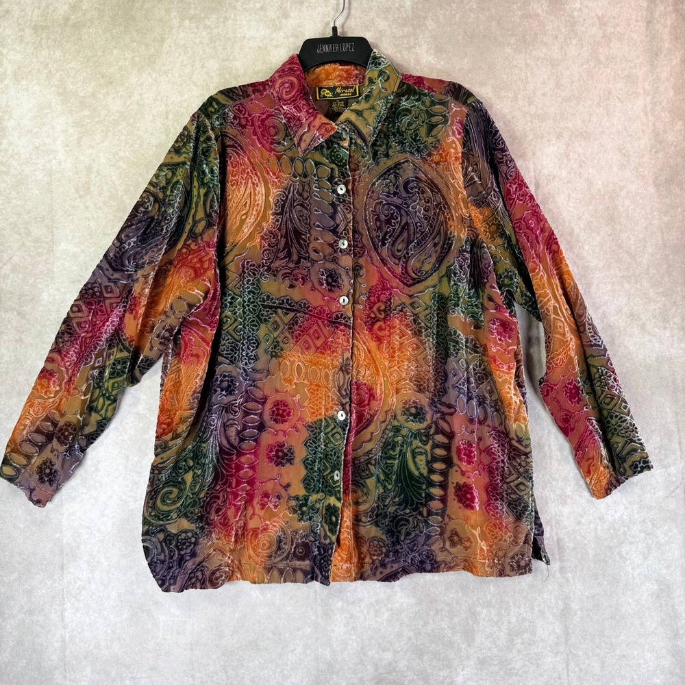 Mirasol Vintage Button Down Shirt Women 1X Multicolor Paisley Burnout Velvet Top